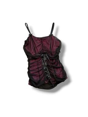 Y2K Black and Pink Mesh Lace Up Fitted Tank Top